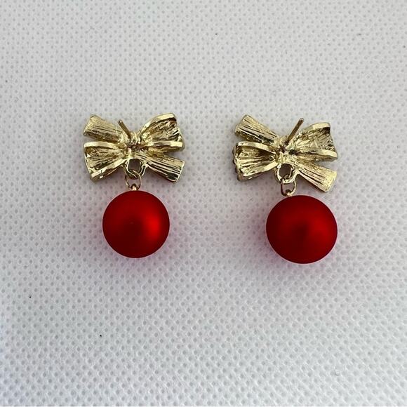 Bowknot Rhinestone Drop Dangle Earrings Red Balls Christmas Holidays New Festive - Picture 5 of 6